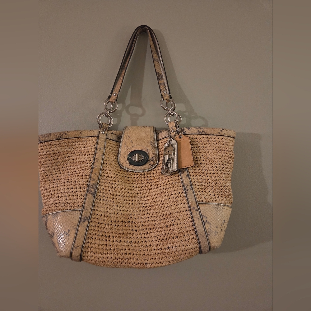 Coach 2011 Natalie Straw And Python Turnlock Tote… - image 1